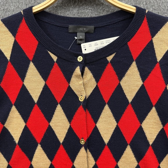 J Crew Sweater Womens XL Blue Jackie Cardigan Argyle Merino Wool Lightweight NWT - Picture 3 of 11